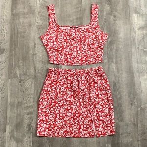 Red and White Floral Two Piece Outfit